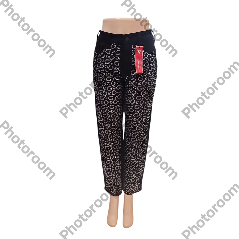 GUESS Los Angeles Woman Logo Embellished Rhimestone Black Denim Pants Size 30×28